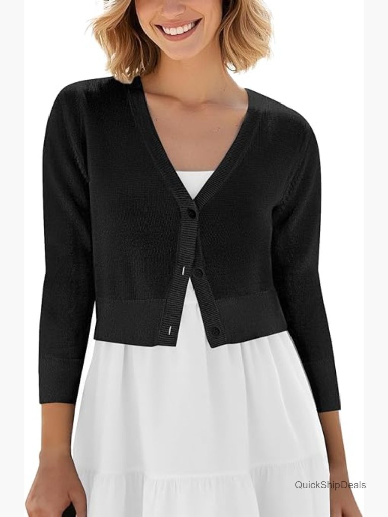 Viscose Polyester Cropped Cardigan V-Neck Button Down 3/4 Sleeve